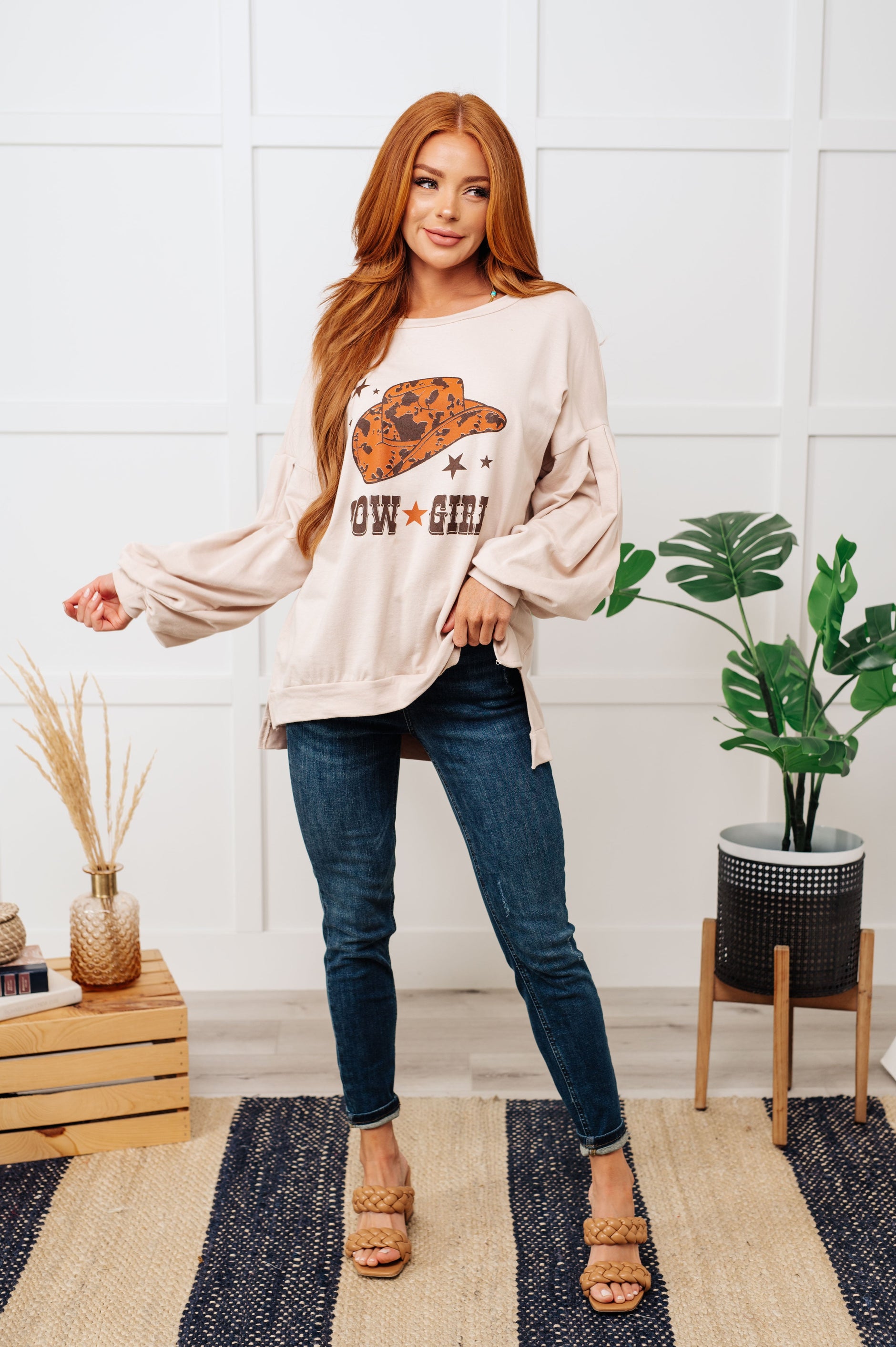 Cow Girl Graphic Pullover in Stone - SwagglyLife Home & Fashion